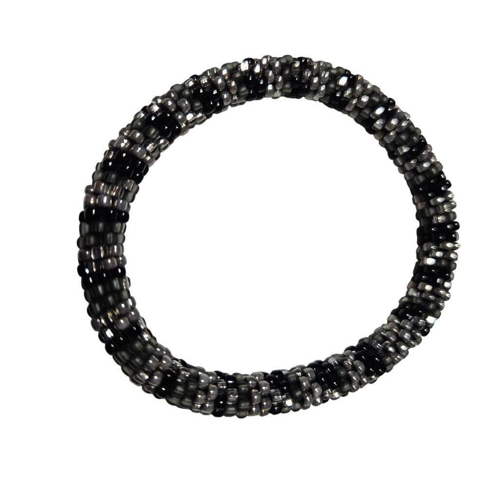Handmade Black Silver Beaded Stretch Bracelet Retro Minimalist Fashion Jewelry